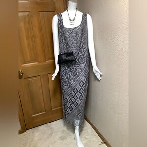 S.L. Fashions Black and Gray Maxi full length Dress black purse, and necklace